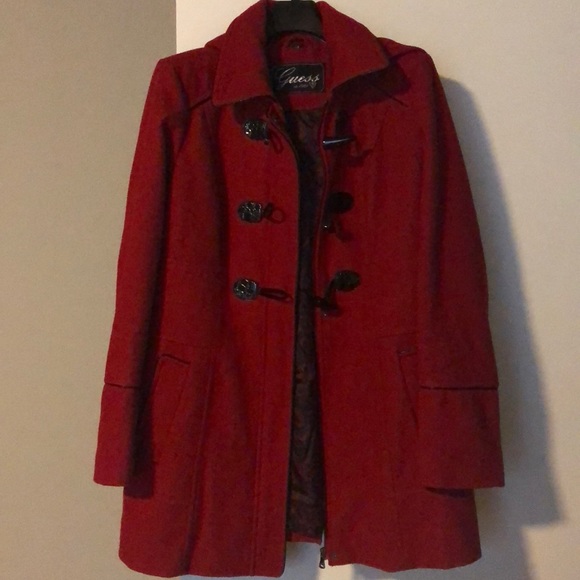 guess red peacoat